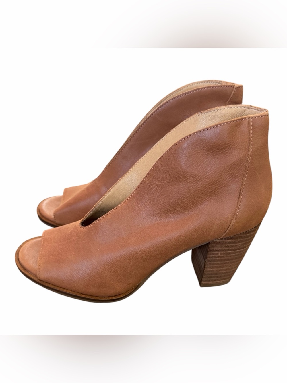 Lucky Brand Tan Leather Peep-Toe V-Cut Block Heel Booties